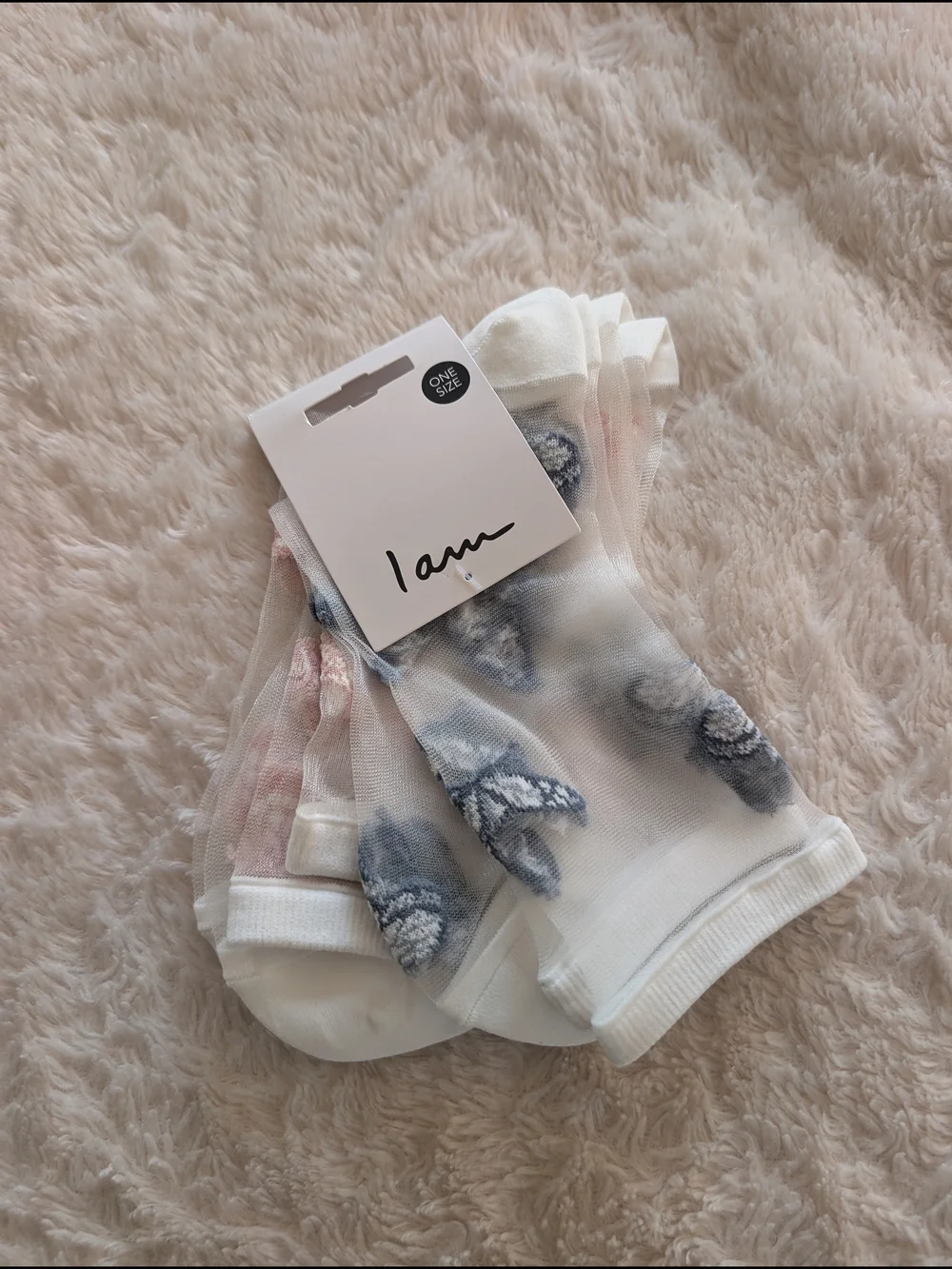 I am Sheer Mesh Butterfly Socks - White, Blue, And Pink - One Size